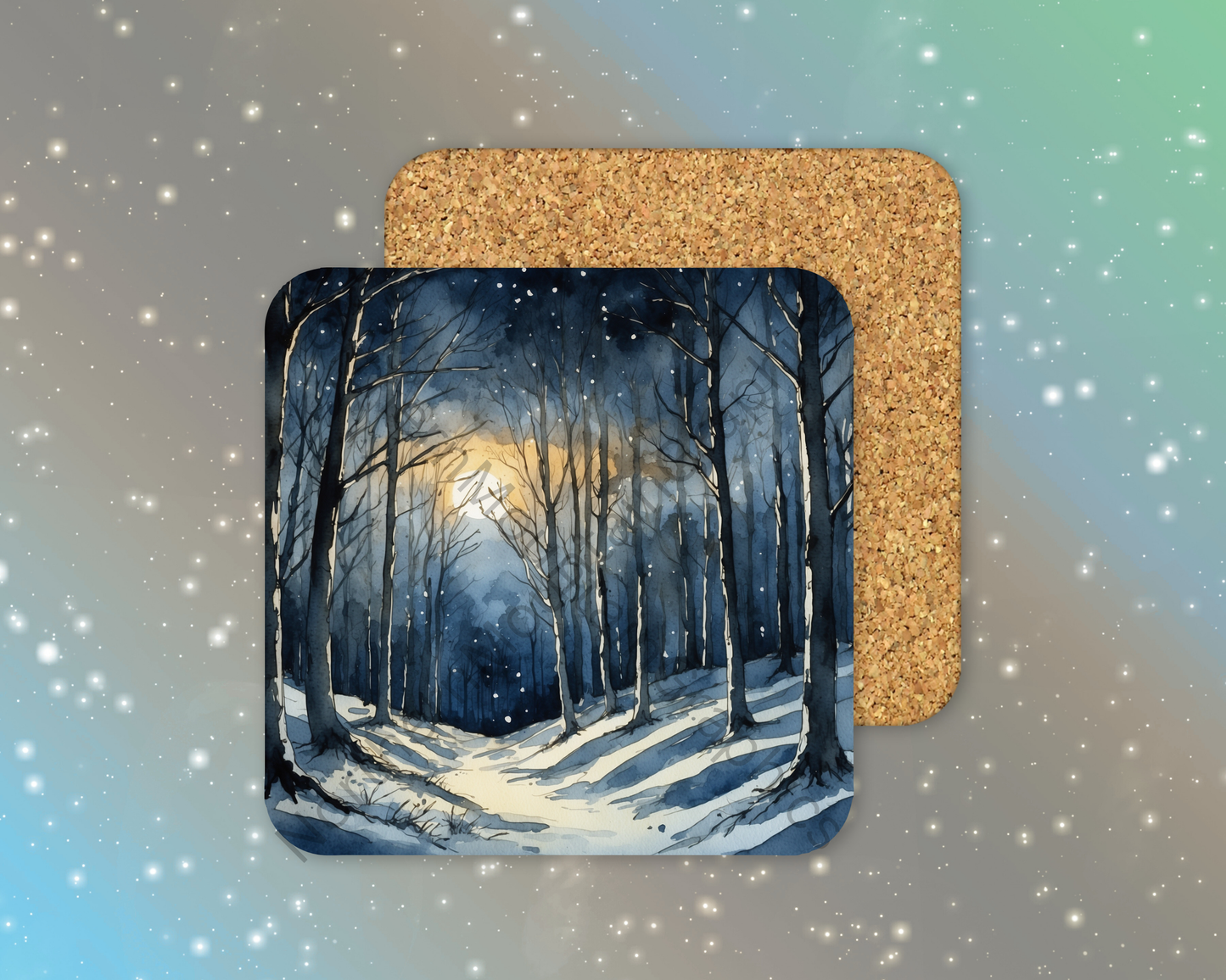 Moonlit Forest Path Winter Square Coaster