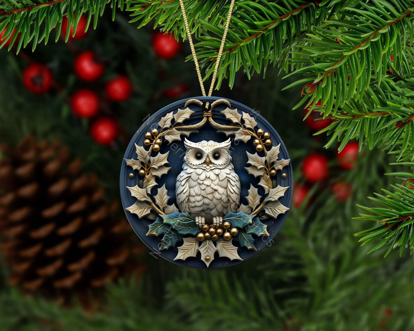 Winter Owl Holly Wreath Christmas Ornament