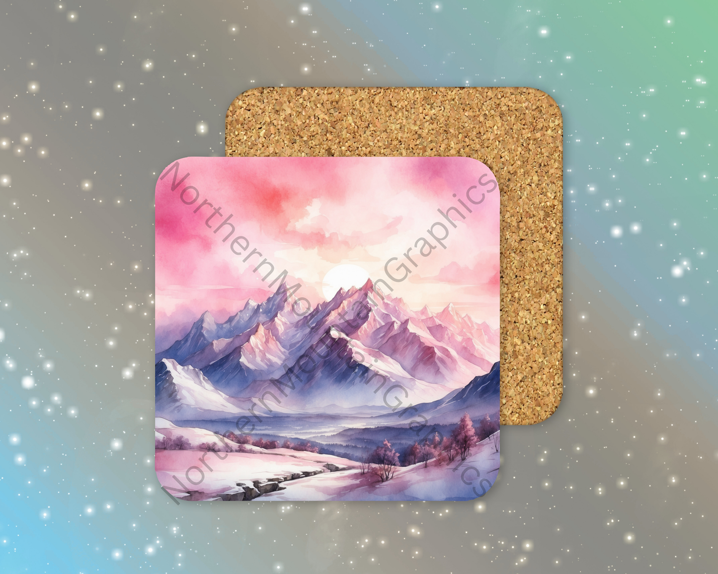 Pink Sunrise Mountain Range Winter Square Coaster