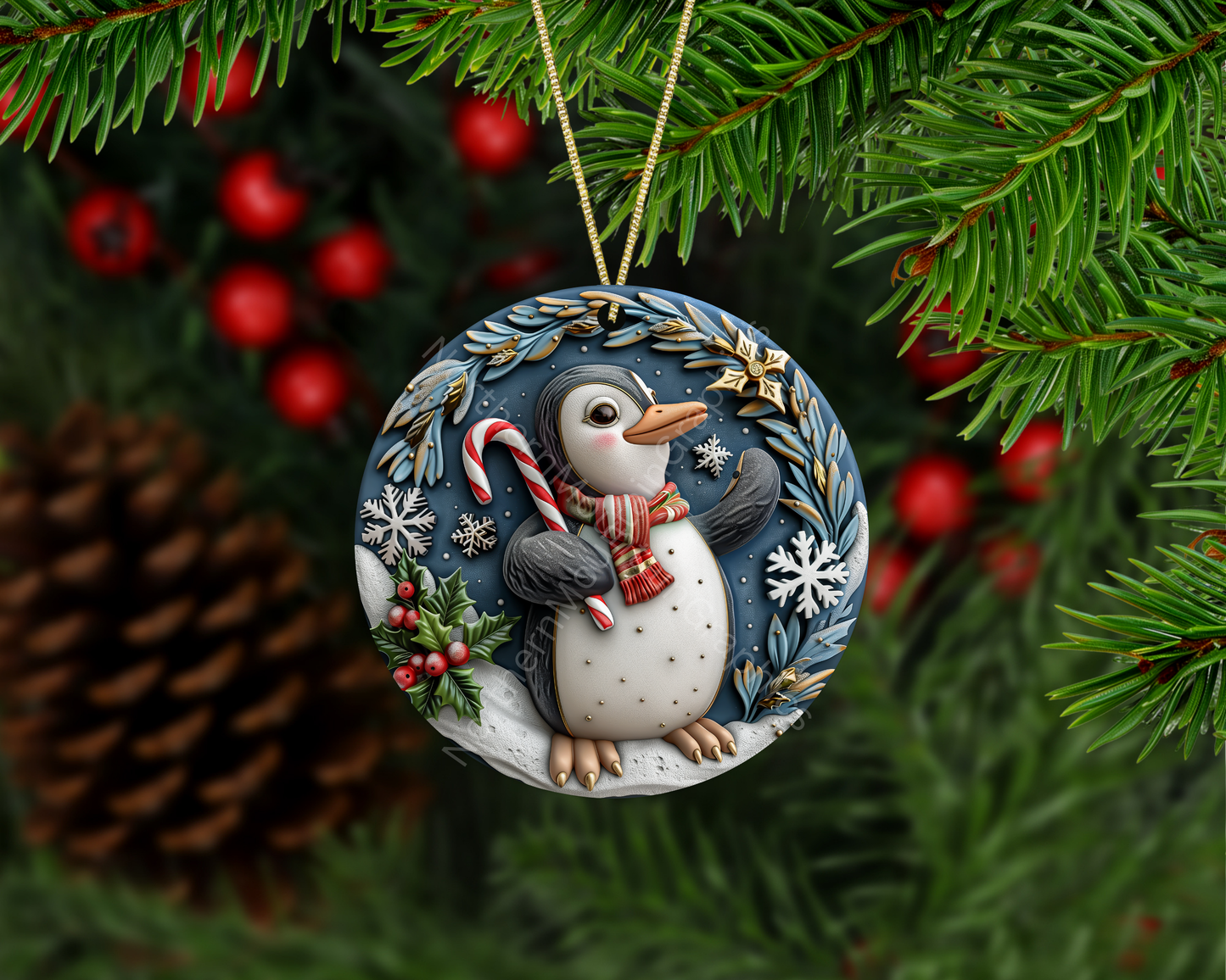 Festive Penguin with Candy Cane Christmas Ornament