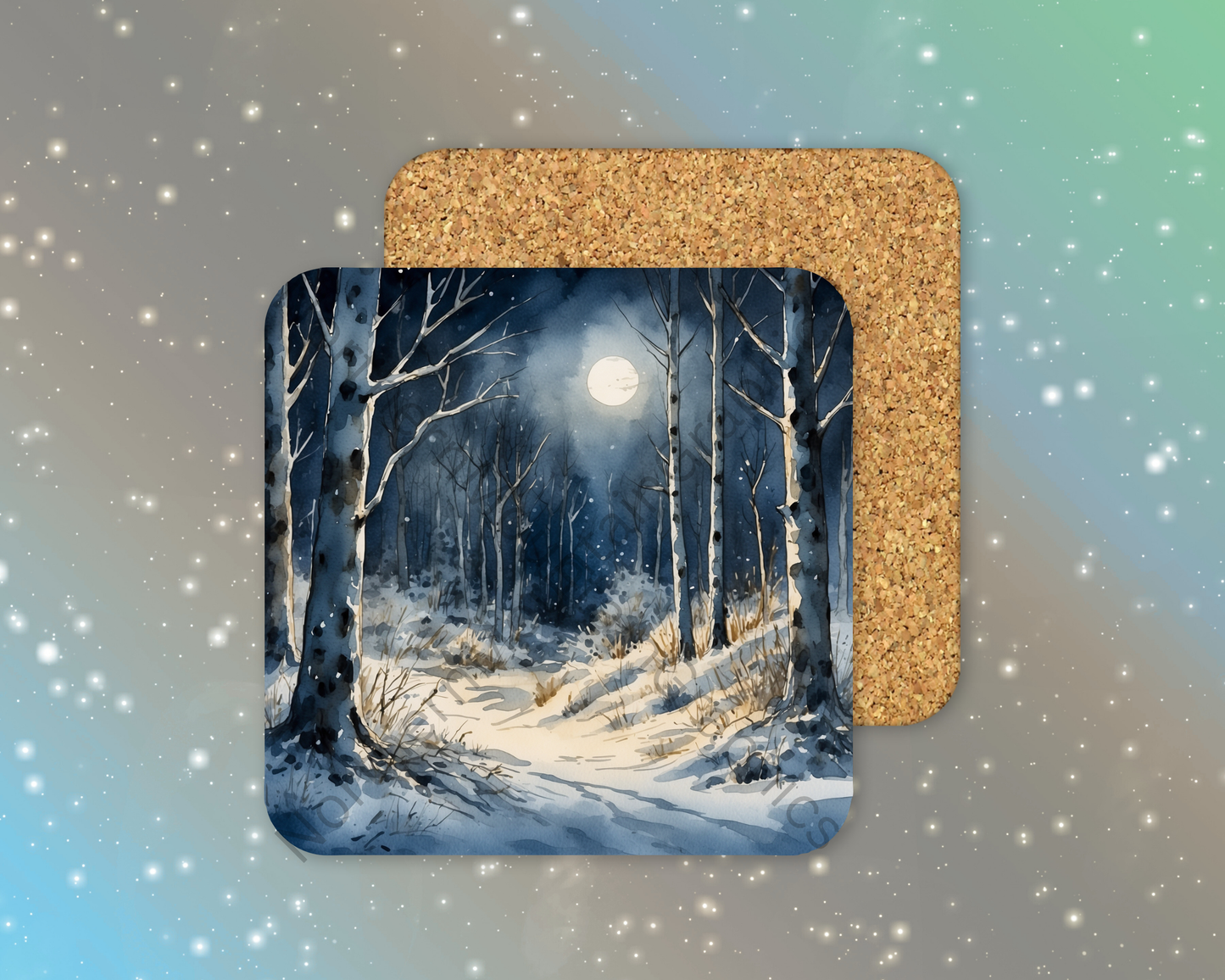 Full Moon in Snowy Woods Winter Square Coaster