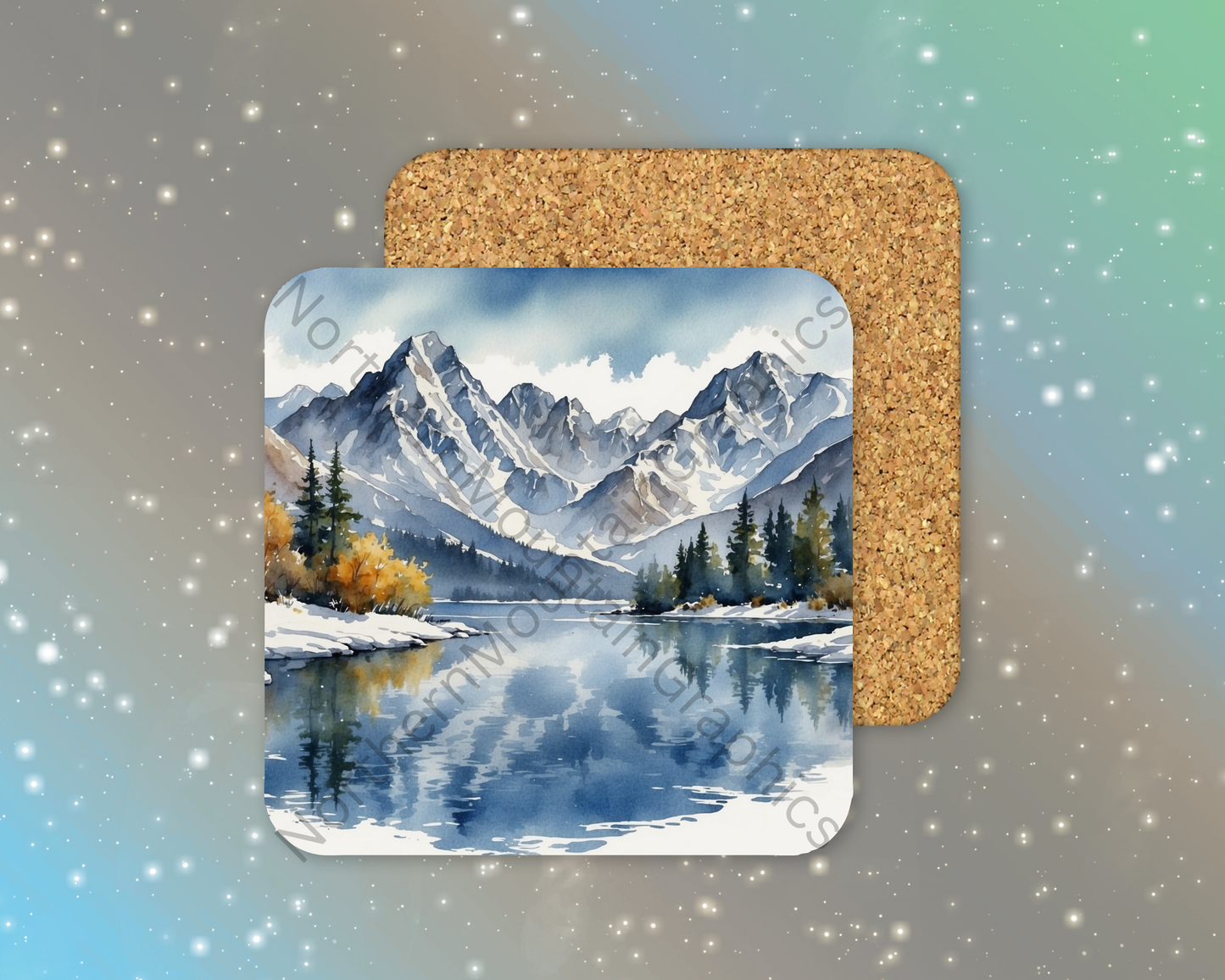Blue Winter Mountains & Lake Winter Square Coaster