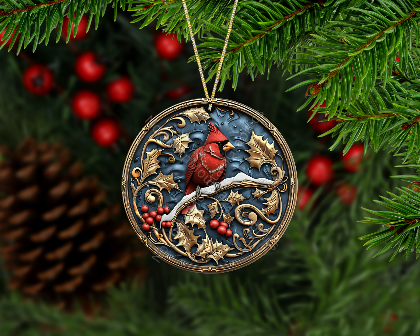 Red Cardinal on Holly Branch Christmas Ornament