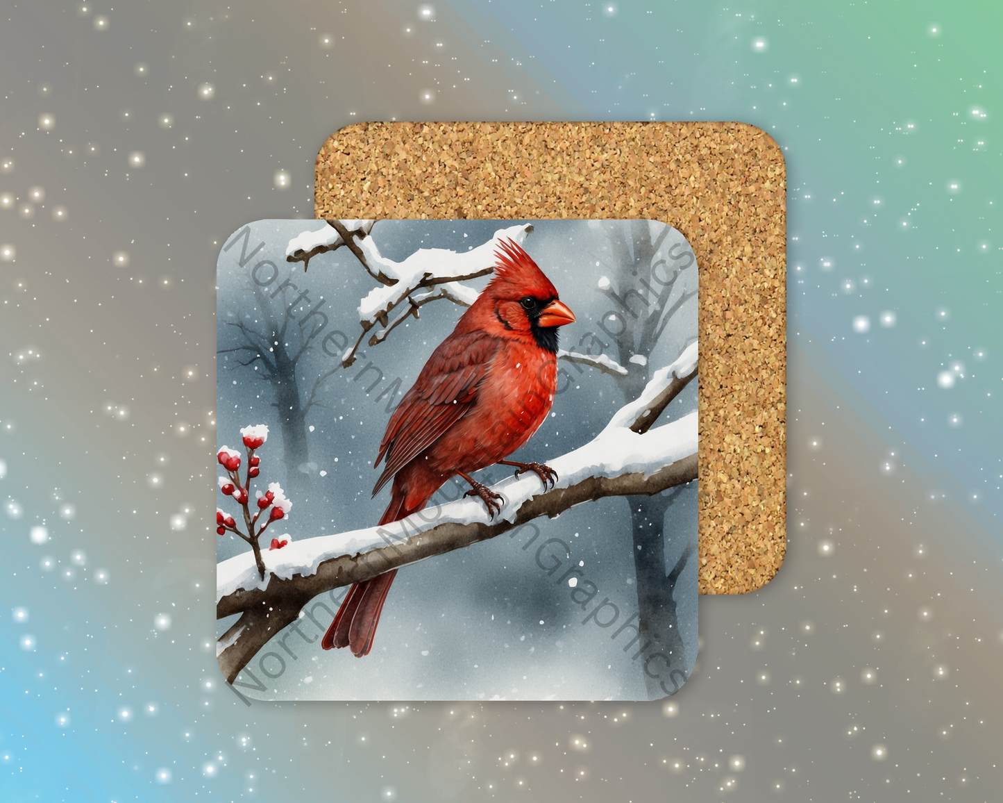 Cardinal on Snowy Branch Winter Square Coaster