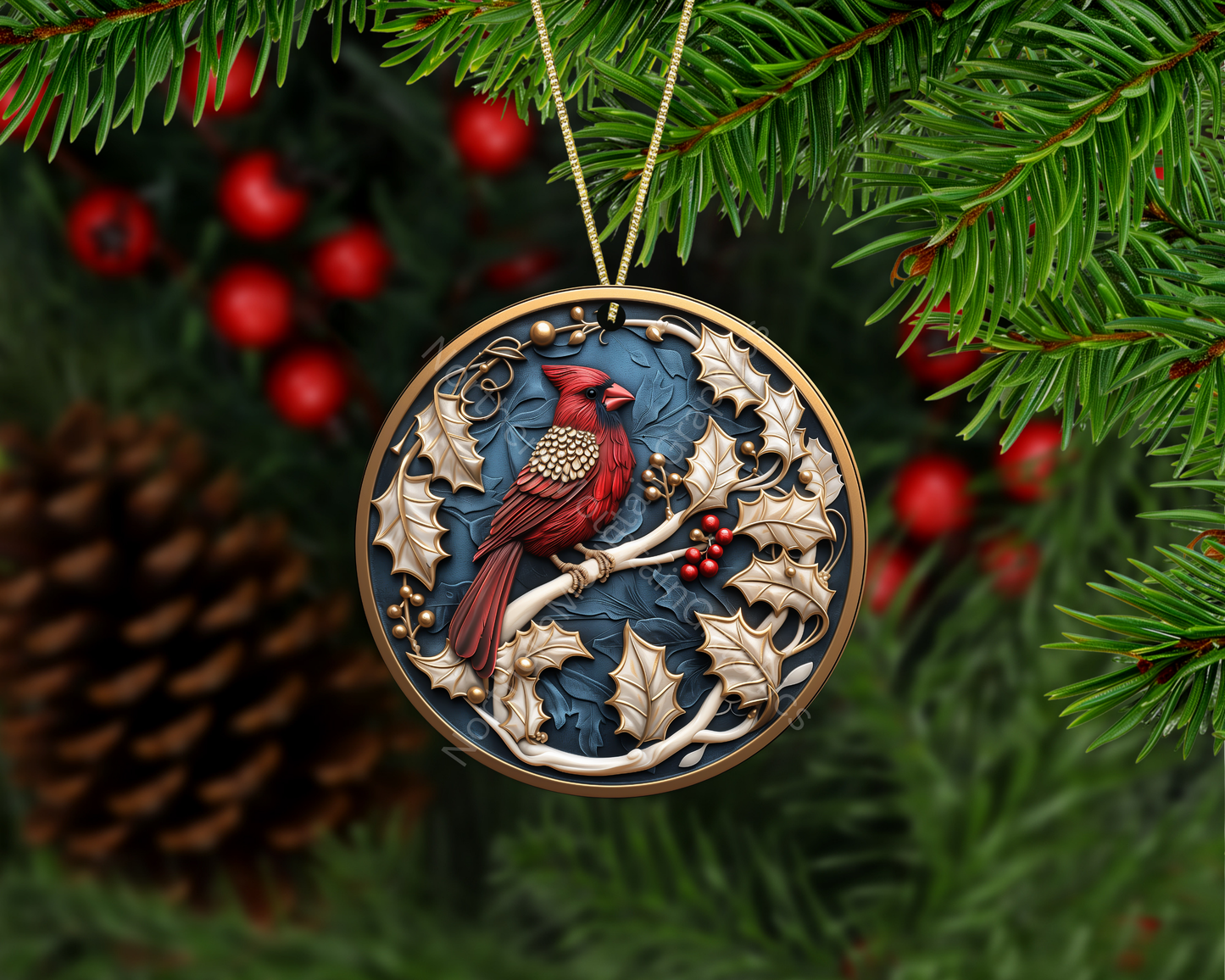 Red Cardinal Winter Holly Christmas Ornament