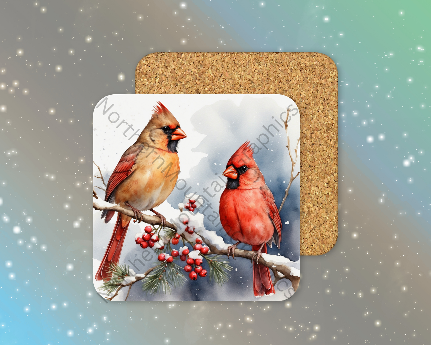 Cardinal Couple in Snow Winter Square Coaster