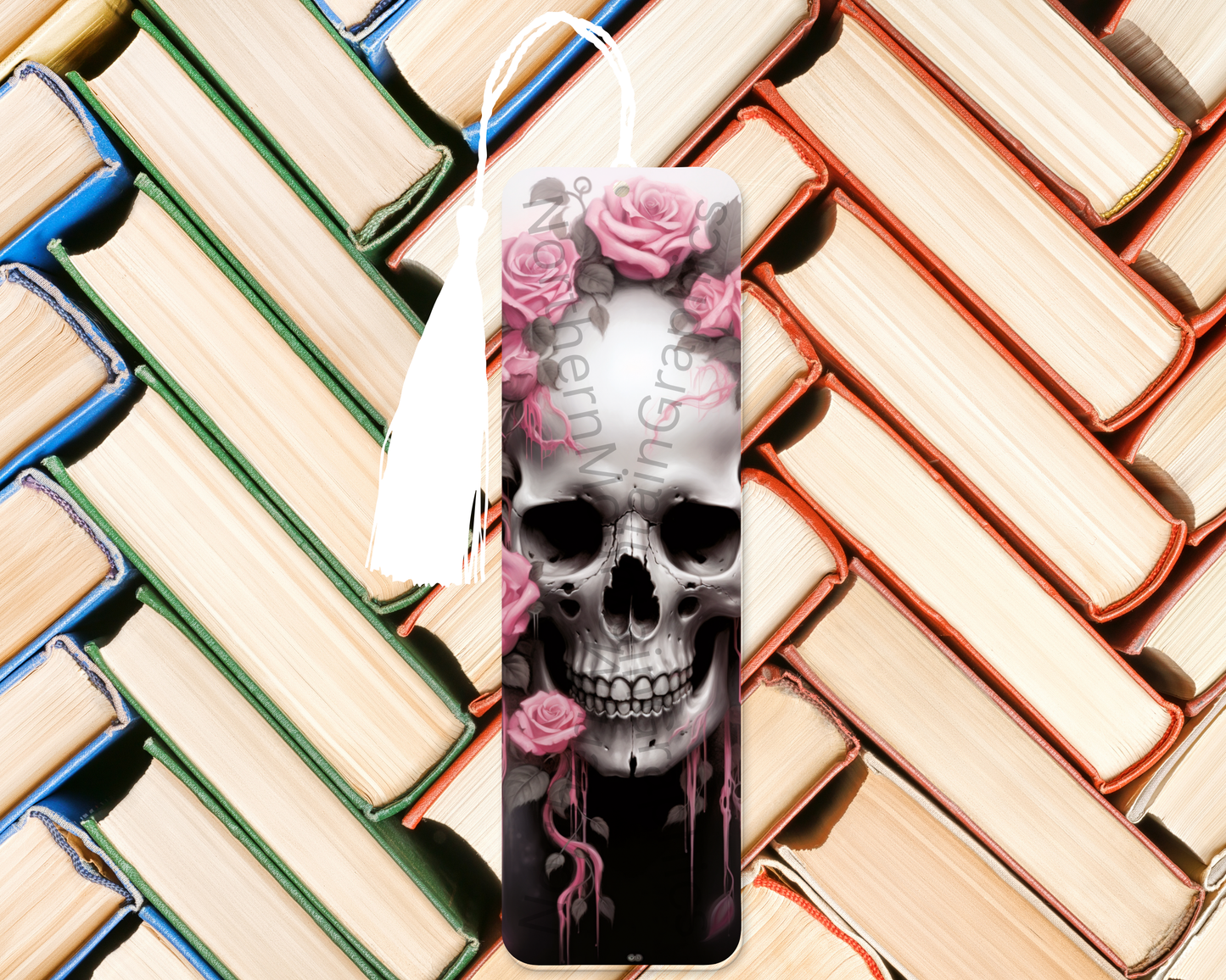 Skull with Pink Roses Bookmark