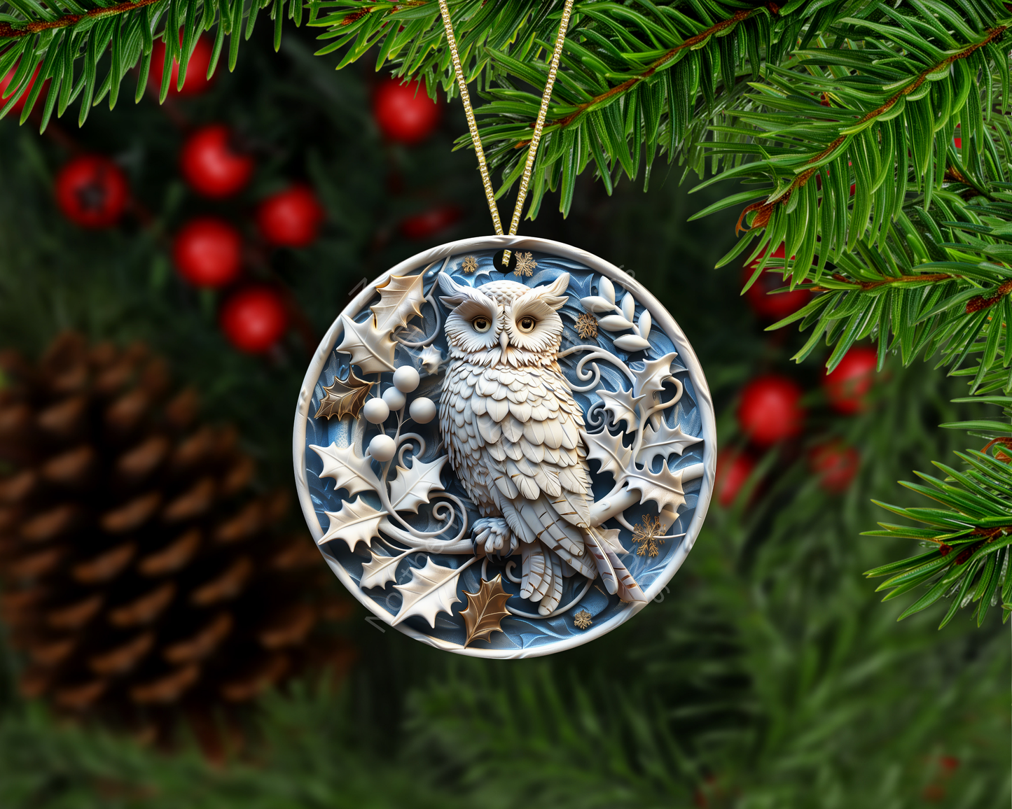 Winter White Owl with Holly Christmas Ornament