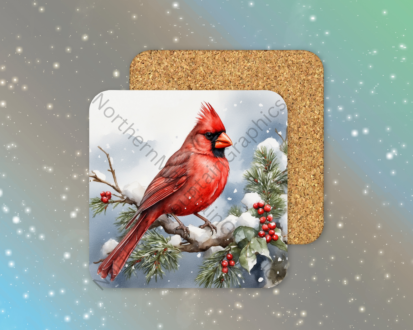 Red Cardinal on Holly Branch Winter Square Coaster