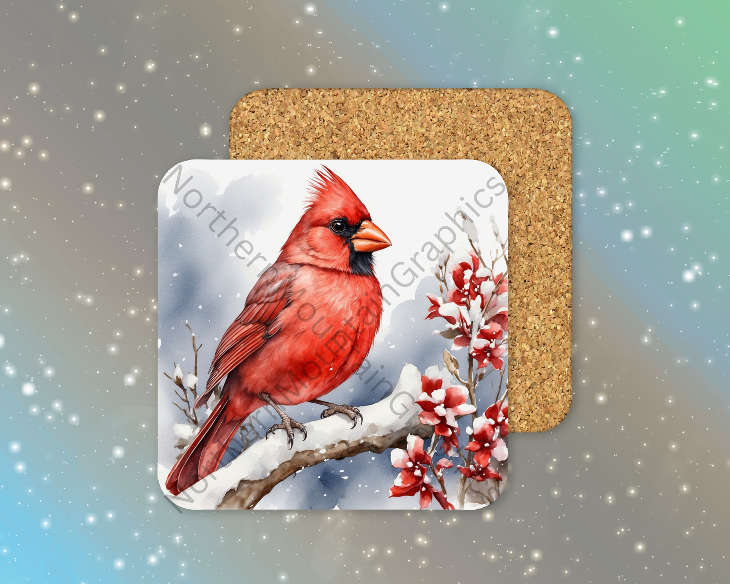 Cardinal Pair on Berry Branch Winter Square Coaster