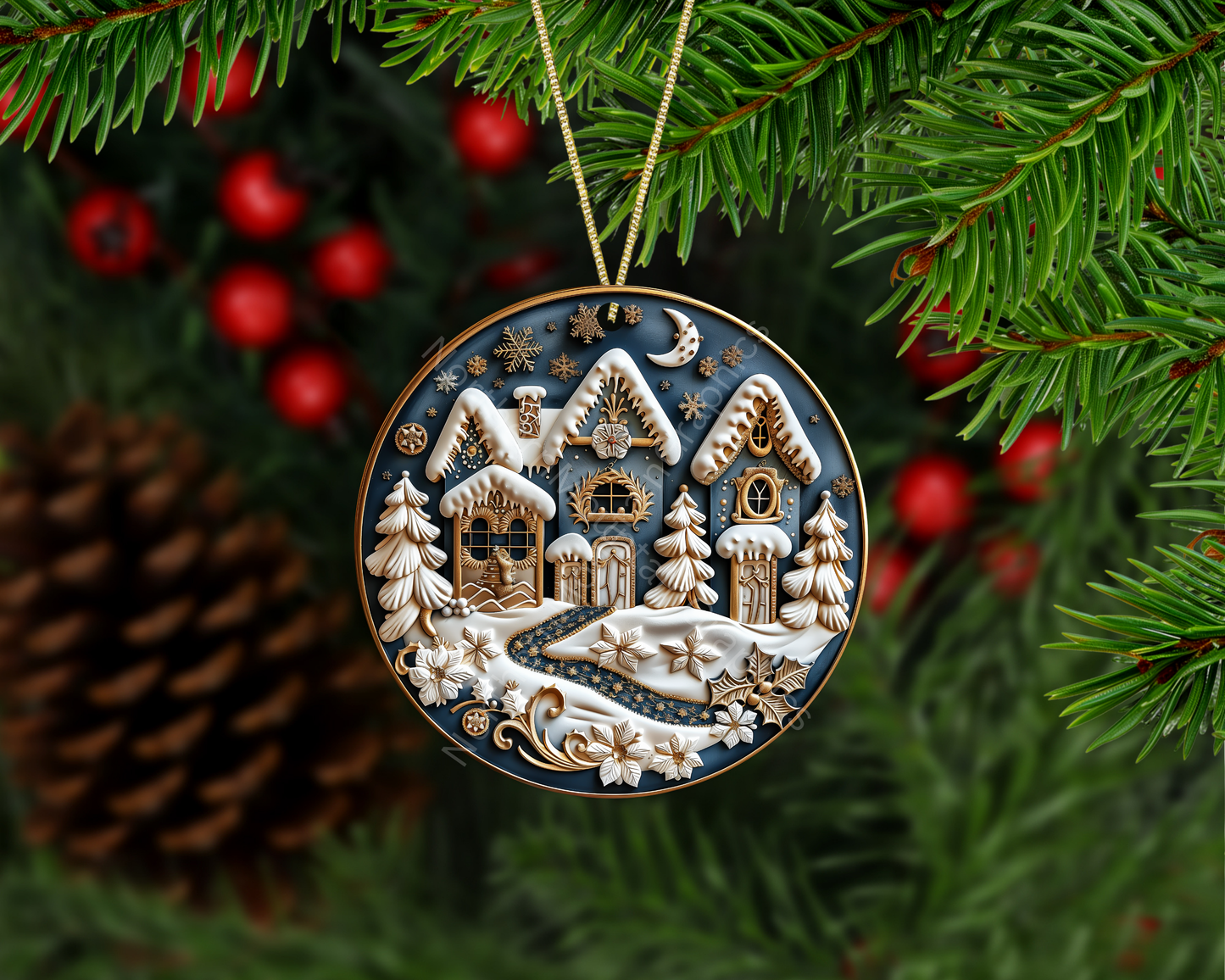 Snowy Winter Village Christmas Ornament
