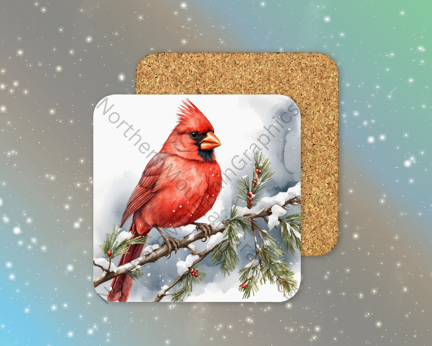 Winter Cardinal on Pine Branch Winter Square Coaster