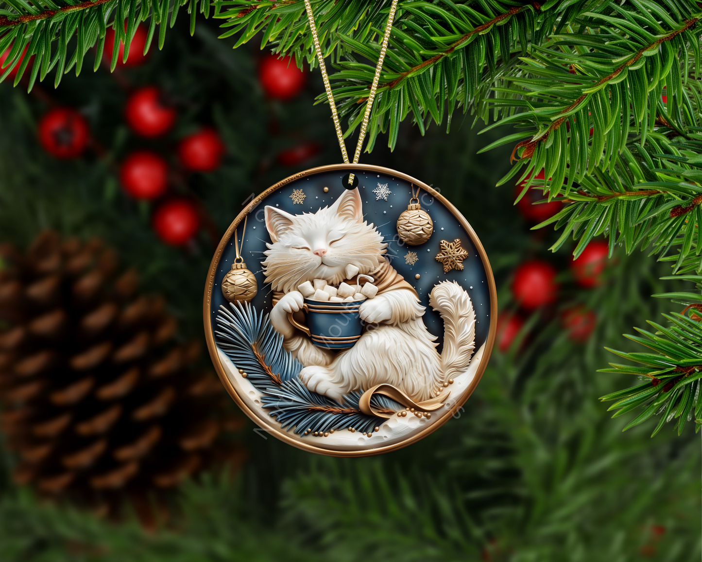 Fluffy cat cuddling a cup overflowing with marshmallows Christmas Ornament