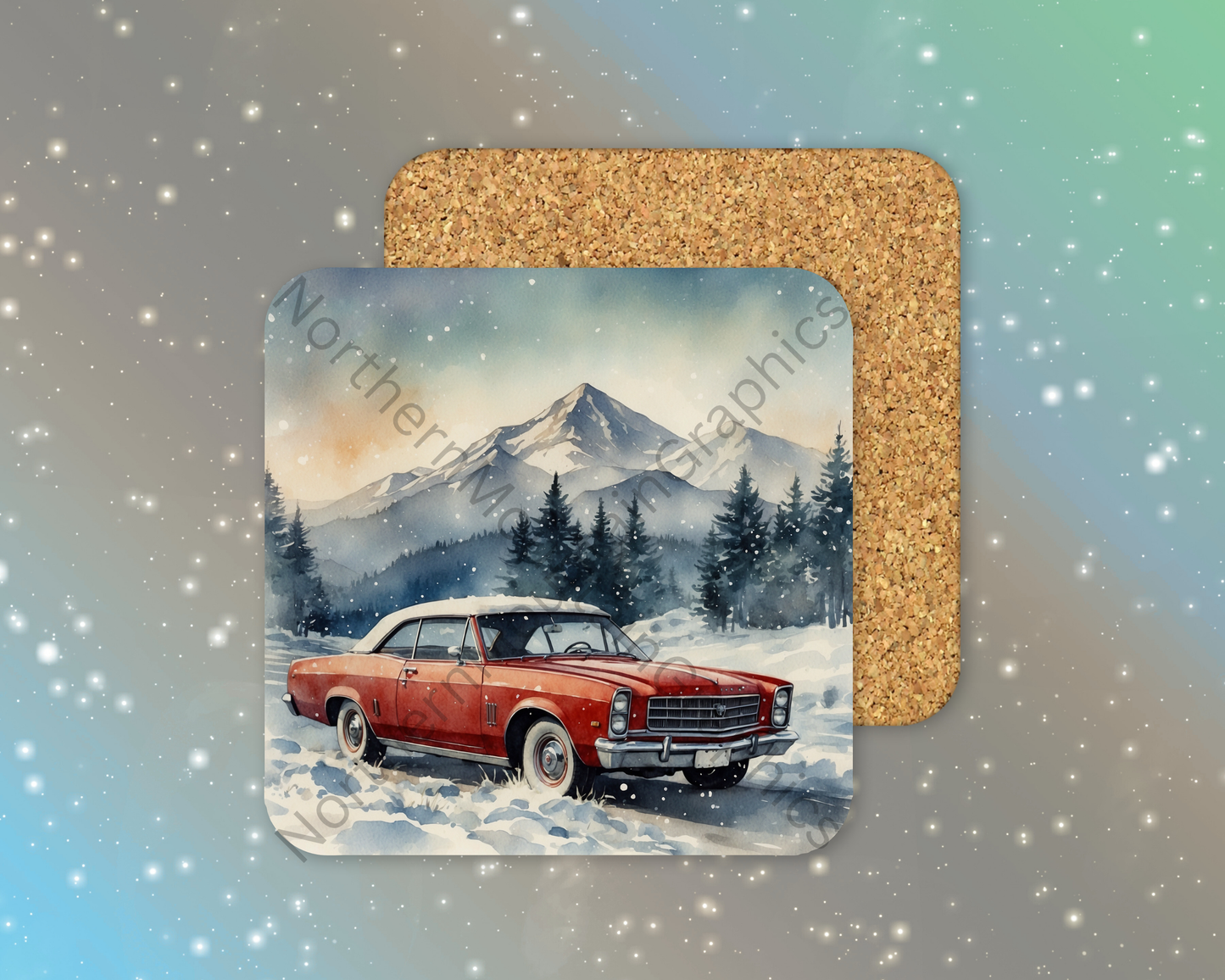 Classic Red Car in Snowy Mountains Winter Square Coaster