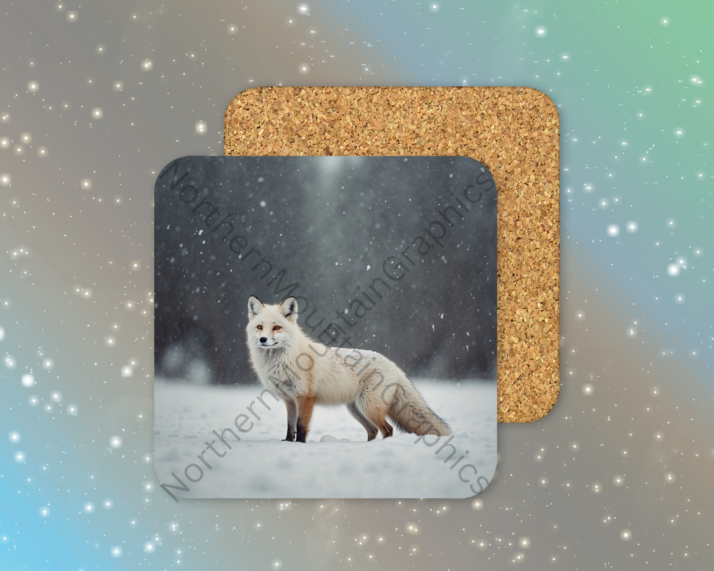 Arctic Fox in Falling Snow Winter Square Coaster