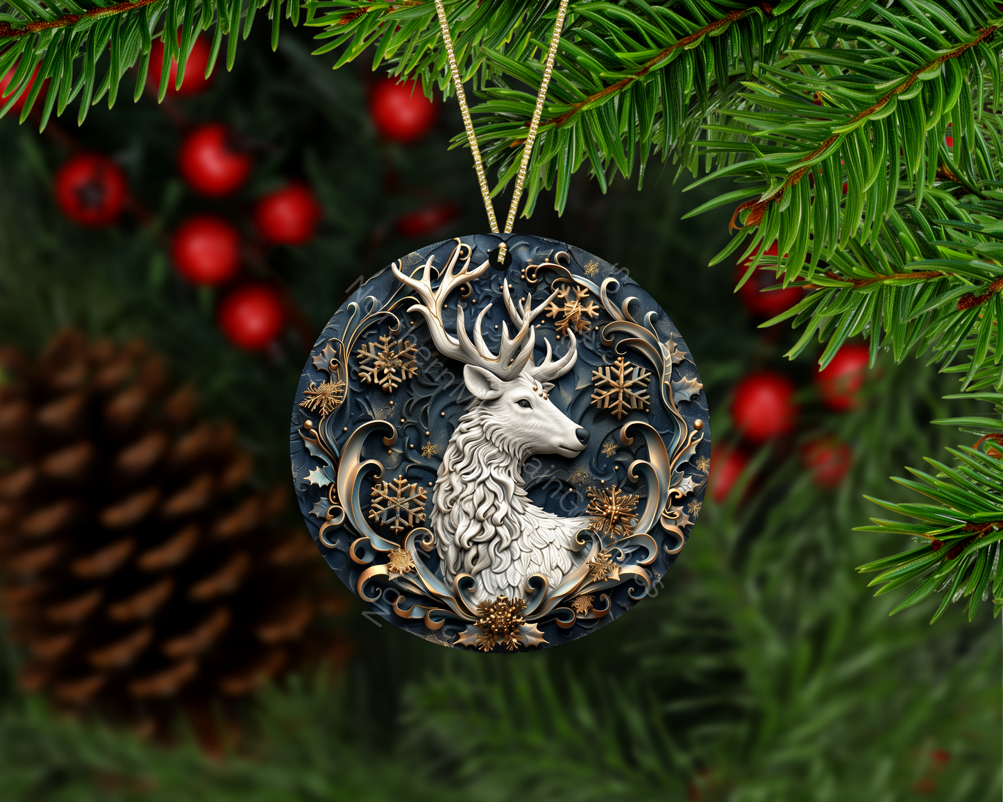 Regal White Reindeer With Gold Snowflakes Christmas Ornament