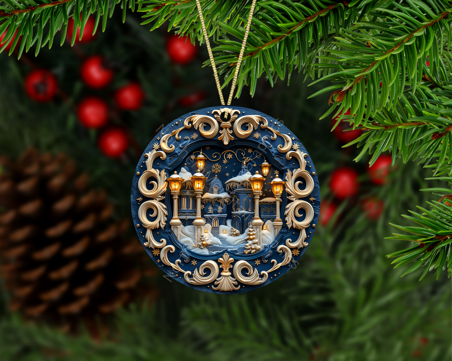Victorian Winter Village Under Lanterns Christmas Ornament