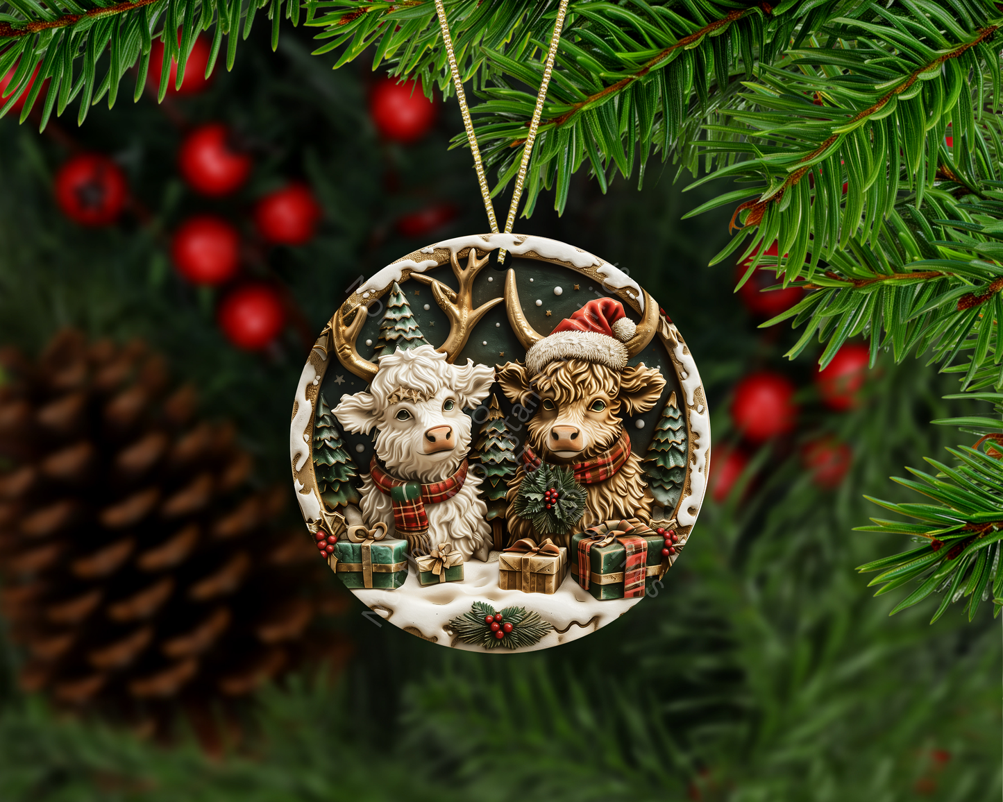 Festive Highland Cow Duo with Gifts Christmas Ornament