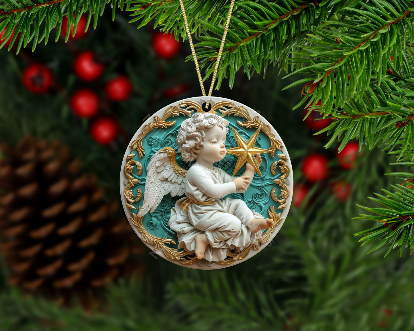 Cherub Angel with Gold Star Christmas Ornament