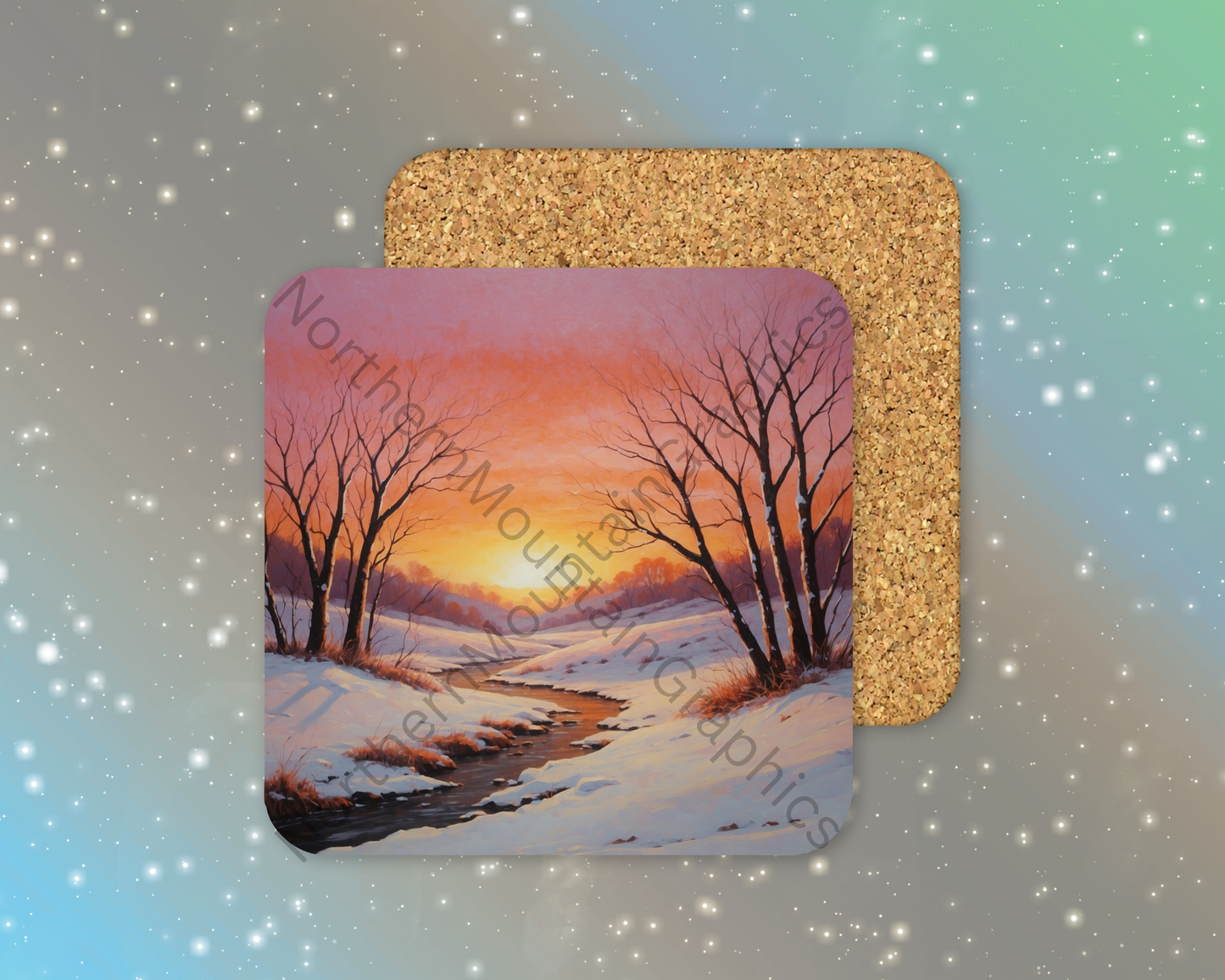 Winter Sunrise Stream Winter Square Coaster