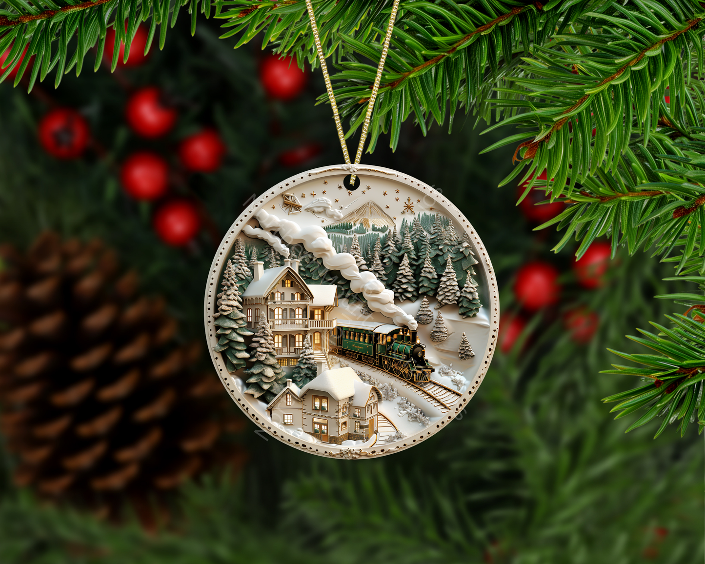 Holiday Village & Train Christmas Ornament