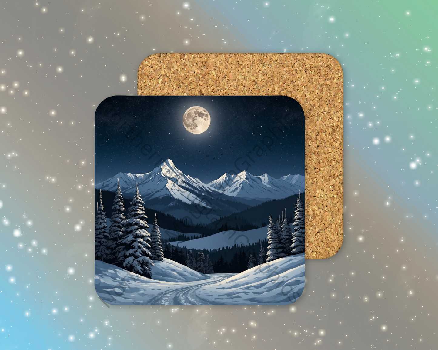 Midnight Over the Peaks Winter Square Coaster