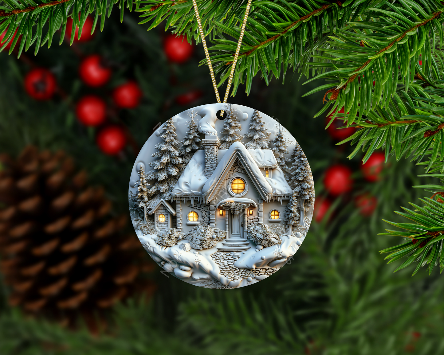 Snowlit Cottage in the Winter Pines Christmas Ornament