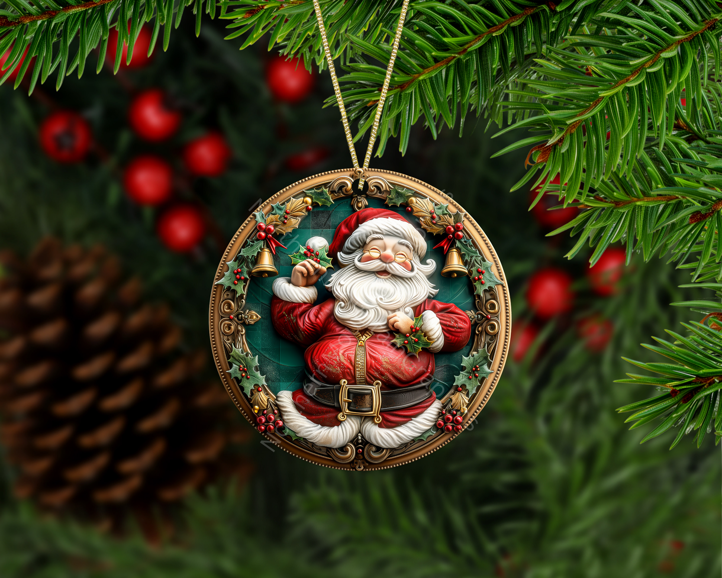 Vintage Santa With Holly & Golden Bells Christmas Ornament