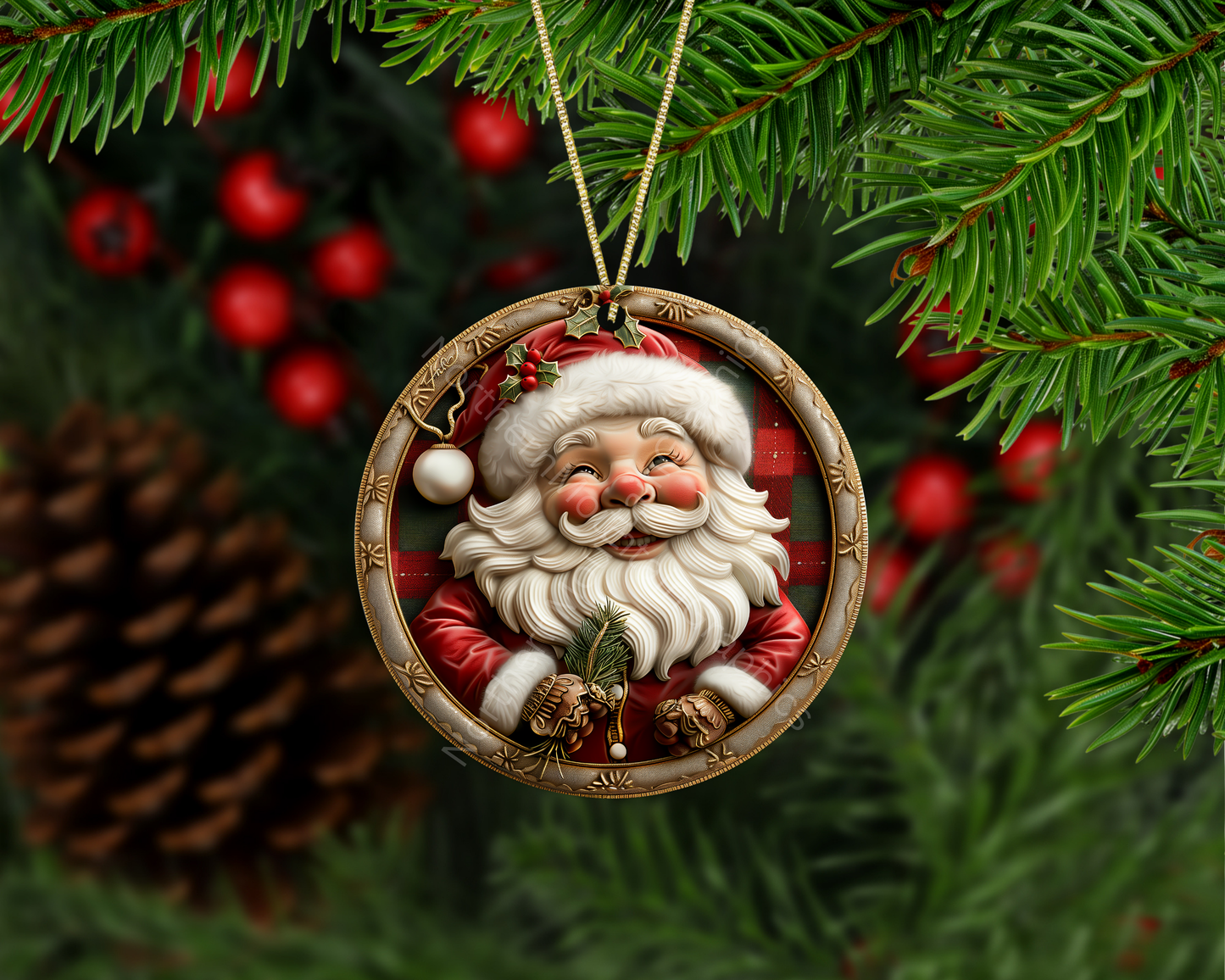 Smiling Santa With Plaid Background Christmas Ornament
