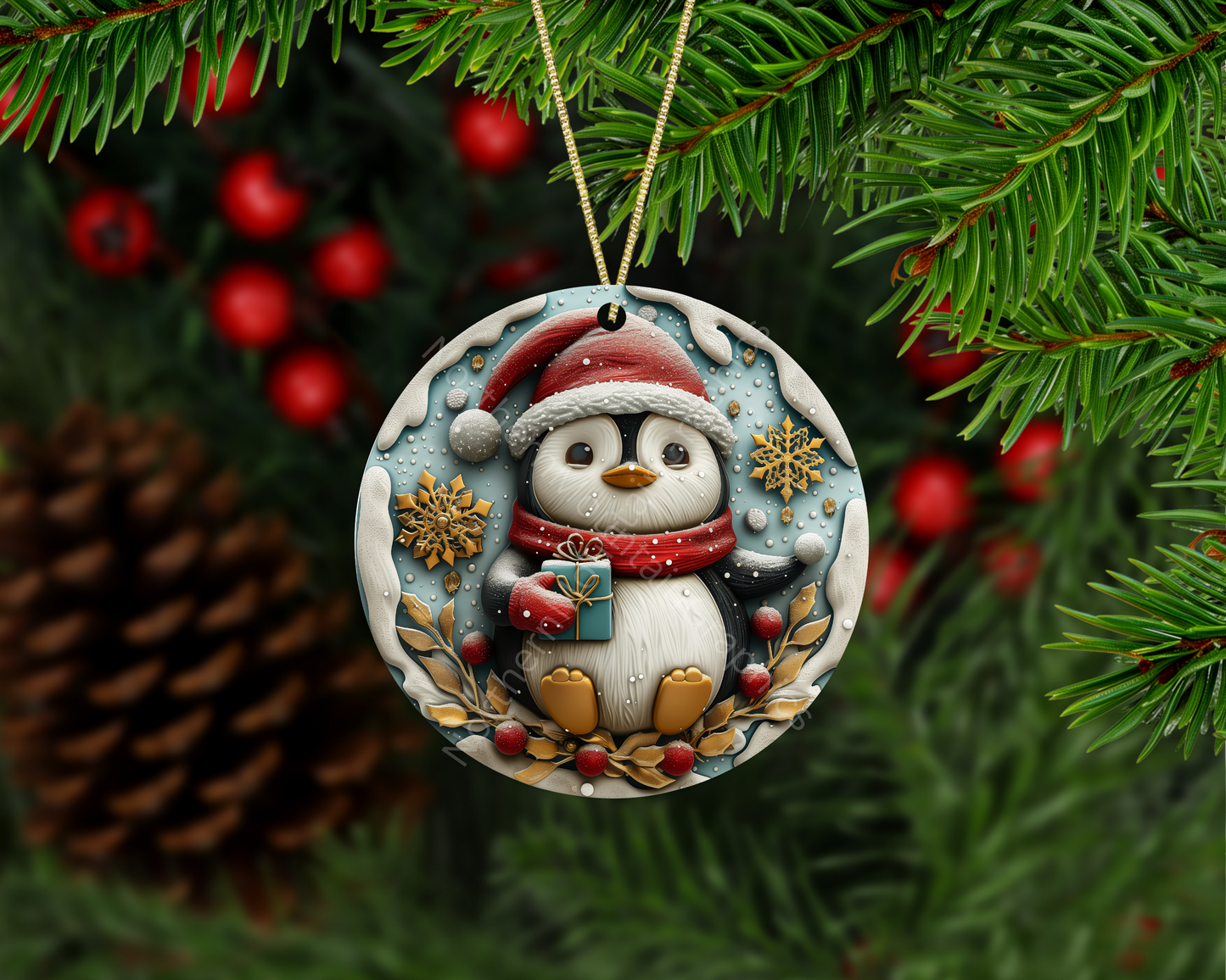 Penguin Holding Present Snowflake Christmas Ornament