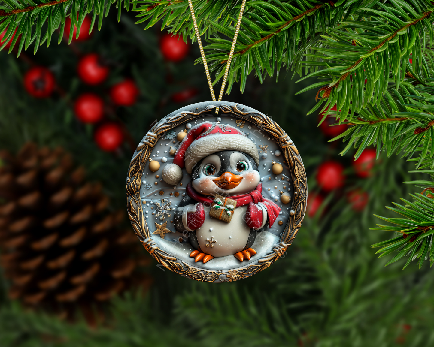 Penguin With Gold Gift Winter Christmas Ornament