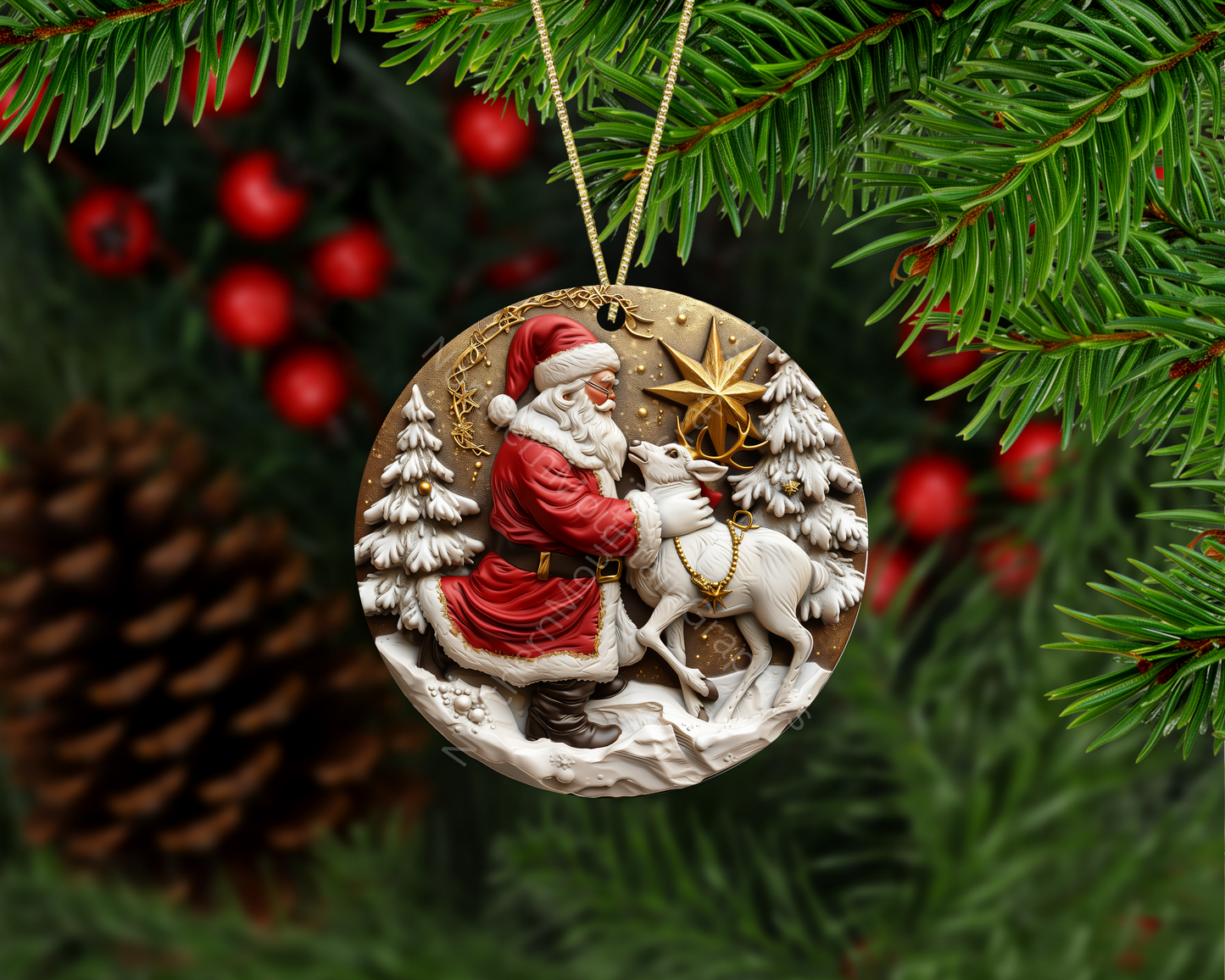 Santa and Reindeer Under Golden Star Christmas Ornament