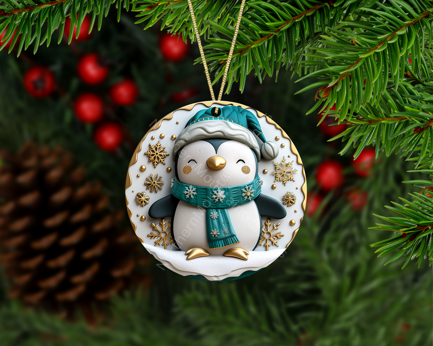 Adorable Teal Penguin Christmas Ornament