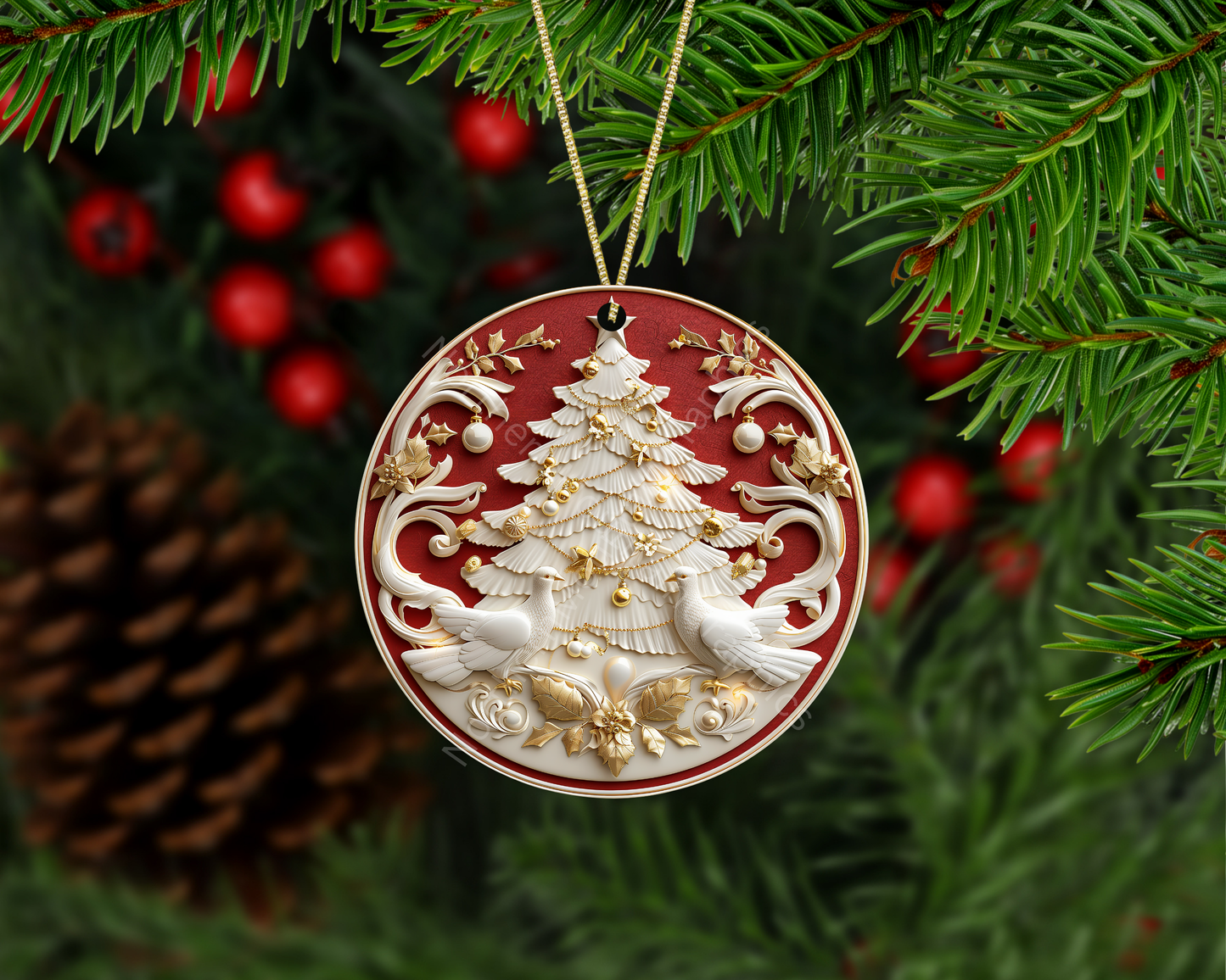 Vintage White Christmas Tree With Doves Christmas Ornament