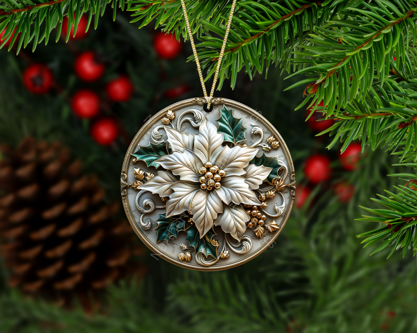 Ivory Poinsettia & Holly Christmas Ornament