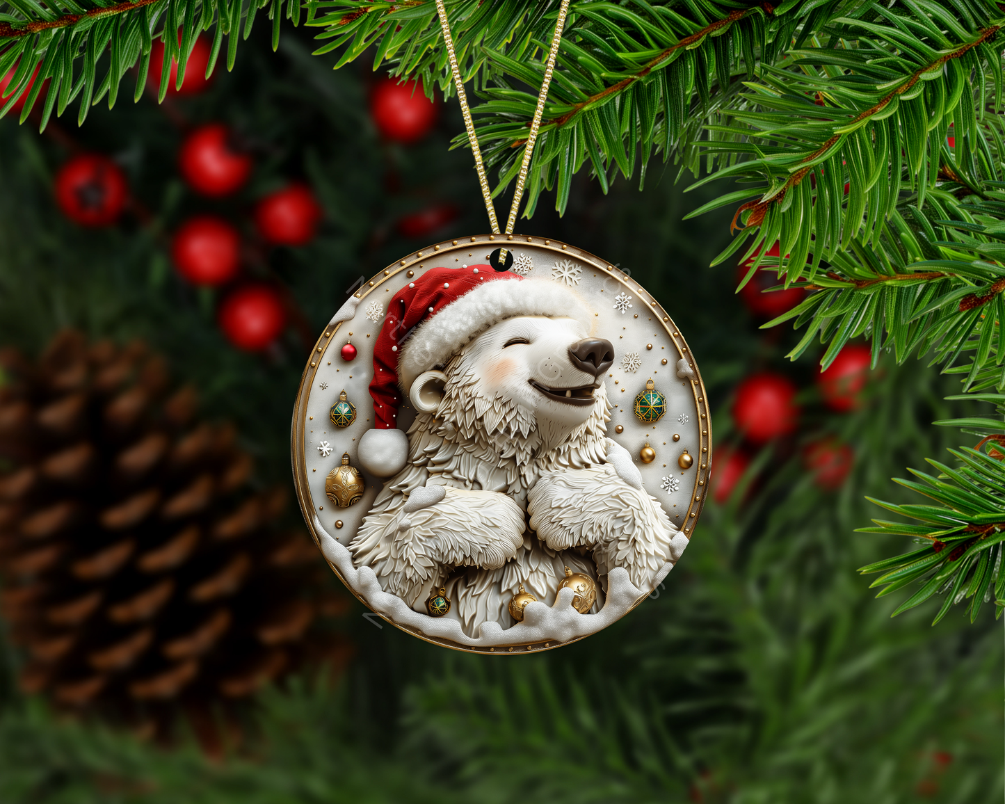 Smiling Polar Bear in Santa Hat Christmas Ornament
