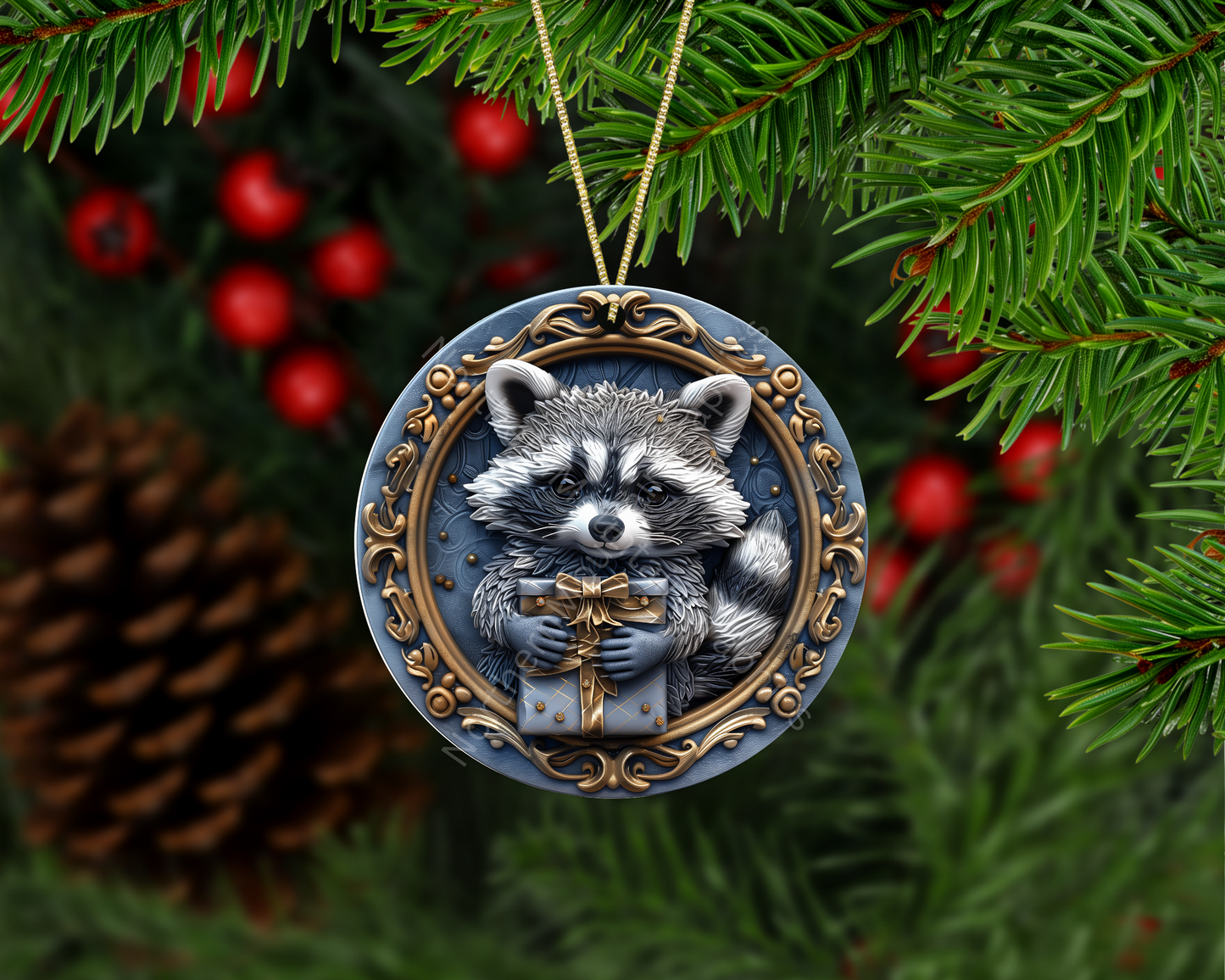 Raccoon’s Golden Gift Christmas Ornament