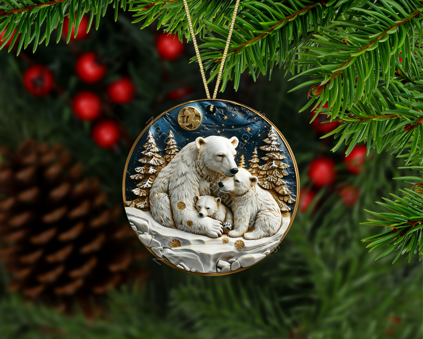 Snowy Forest & Golden Moon Polar Bear Christmas Ornament