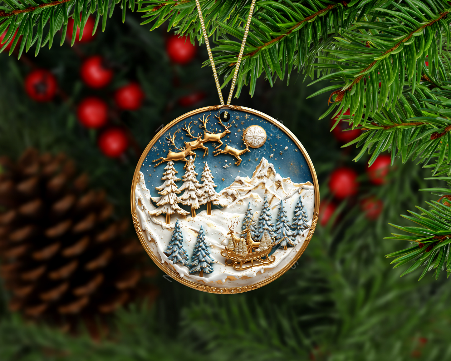 Golden Reindeer Flight Christmas Ornament