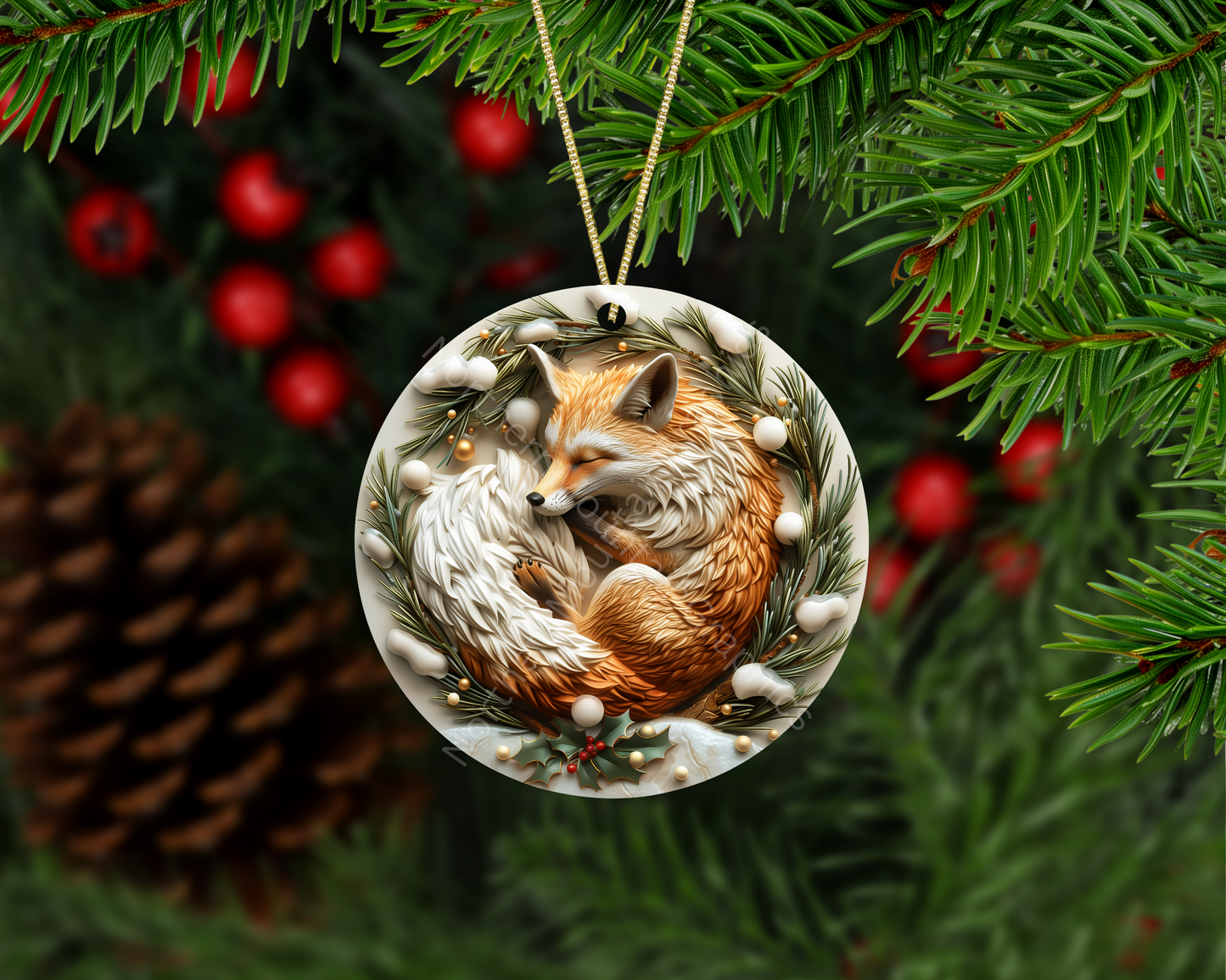 Sleeping Fox in Winter Wreath Christmas Ornament