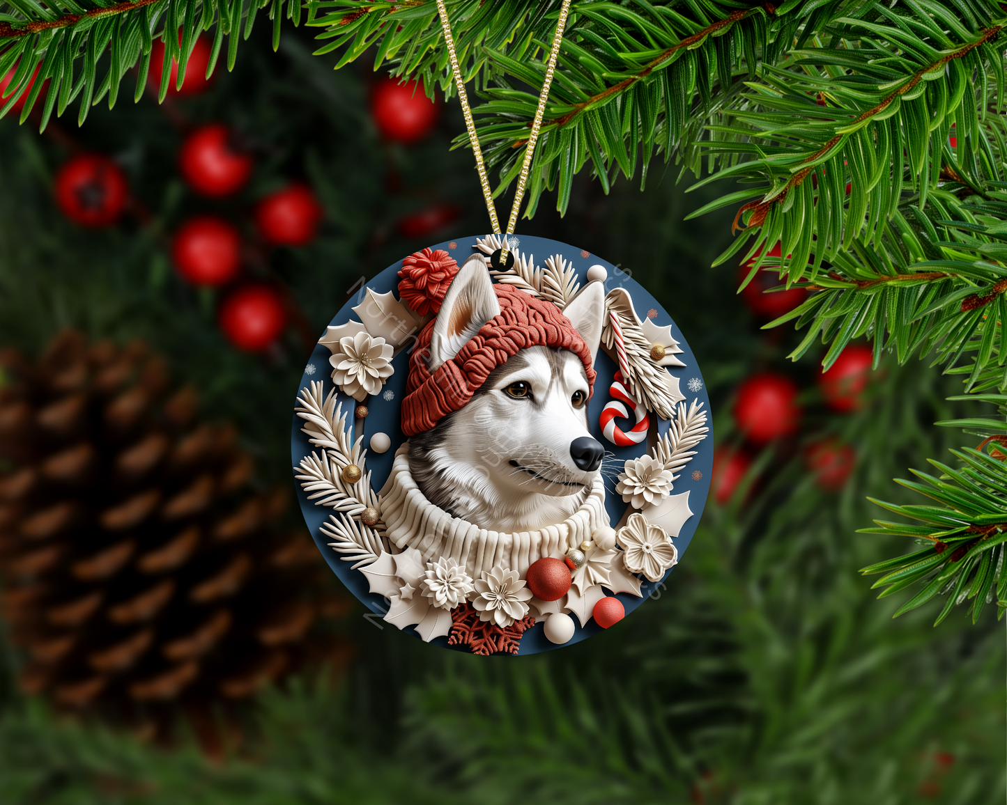 Husky with Blue Background Christmas Ornament