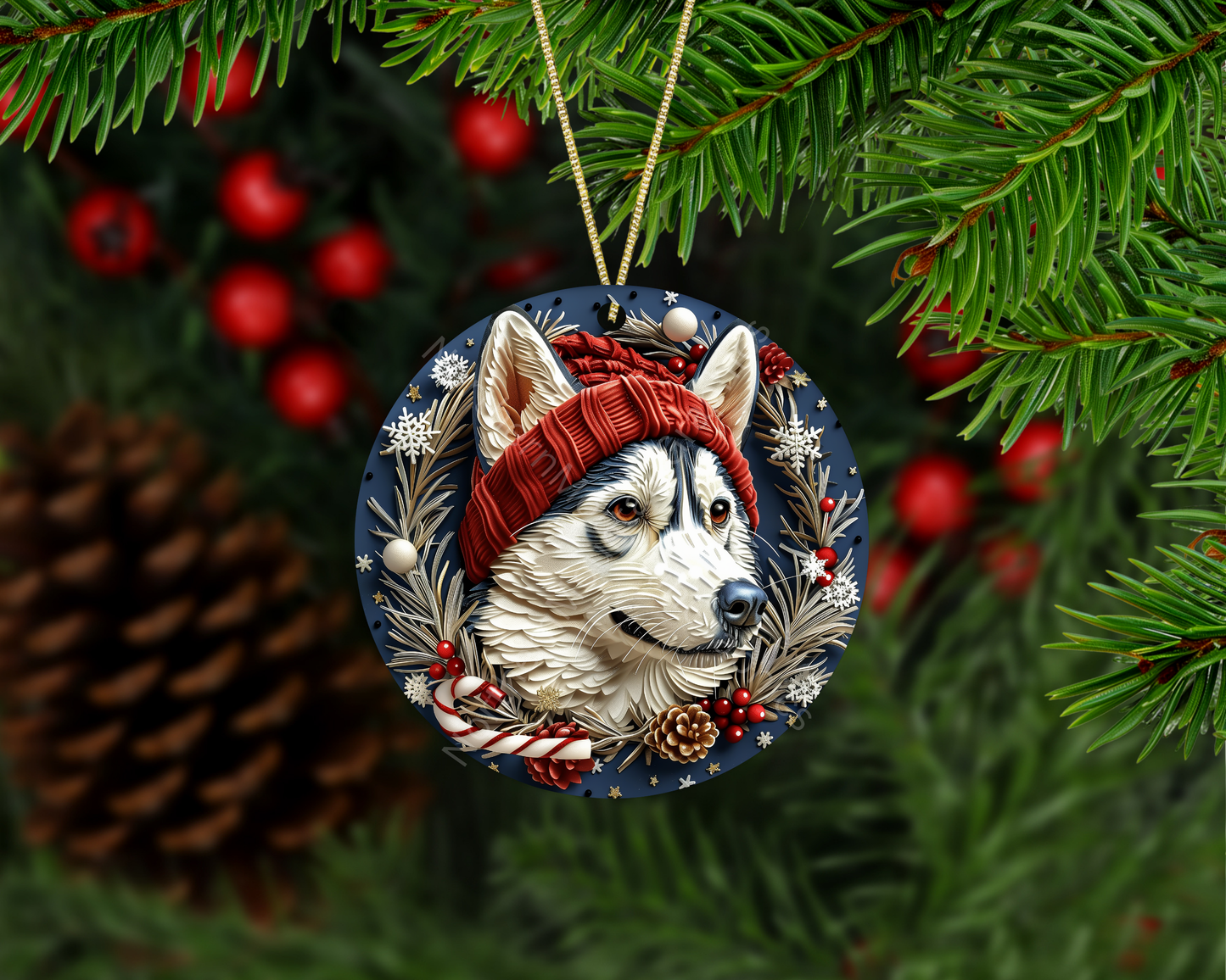 Husky with Wreath Christmas Ornament
