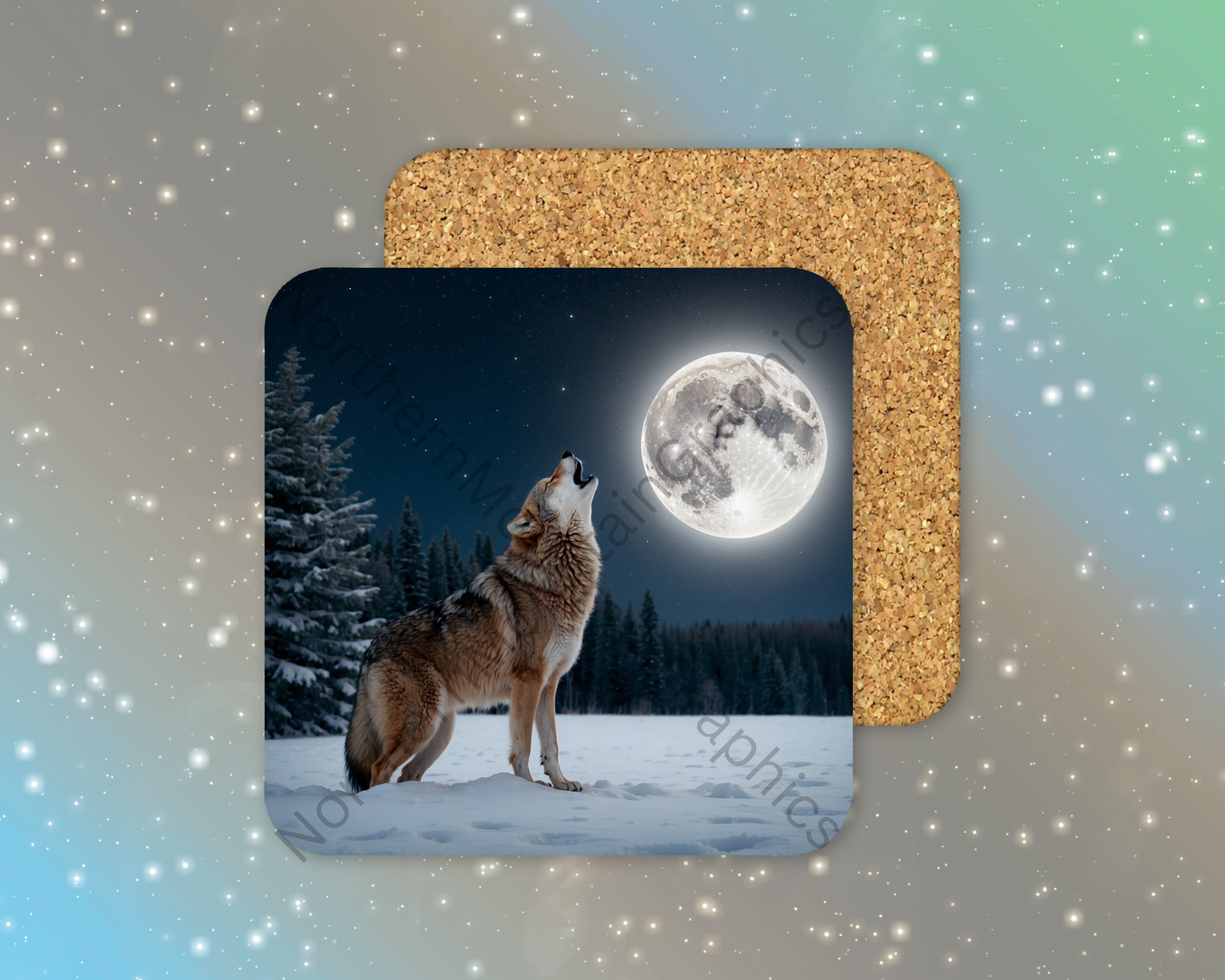 Wolf’s Call Across the Snowy Pines Winter Square Coaster