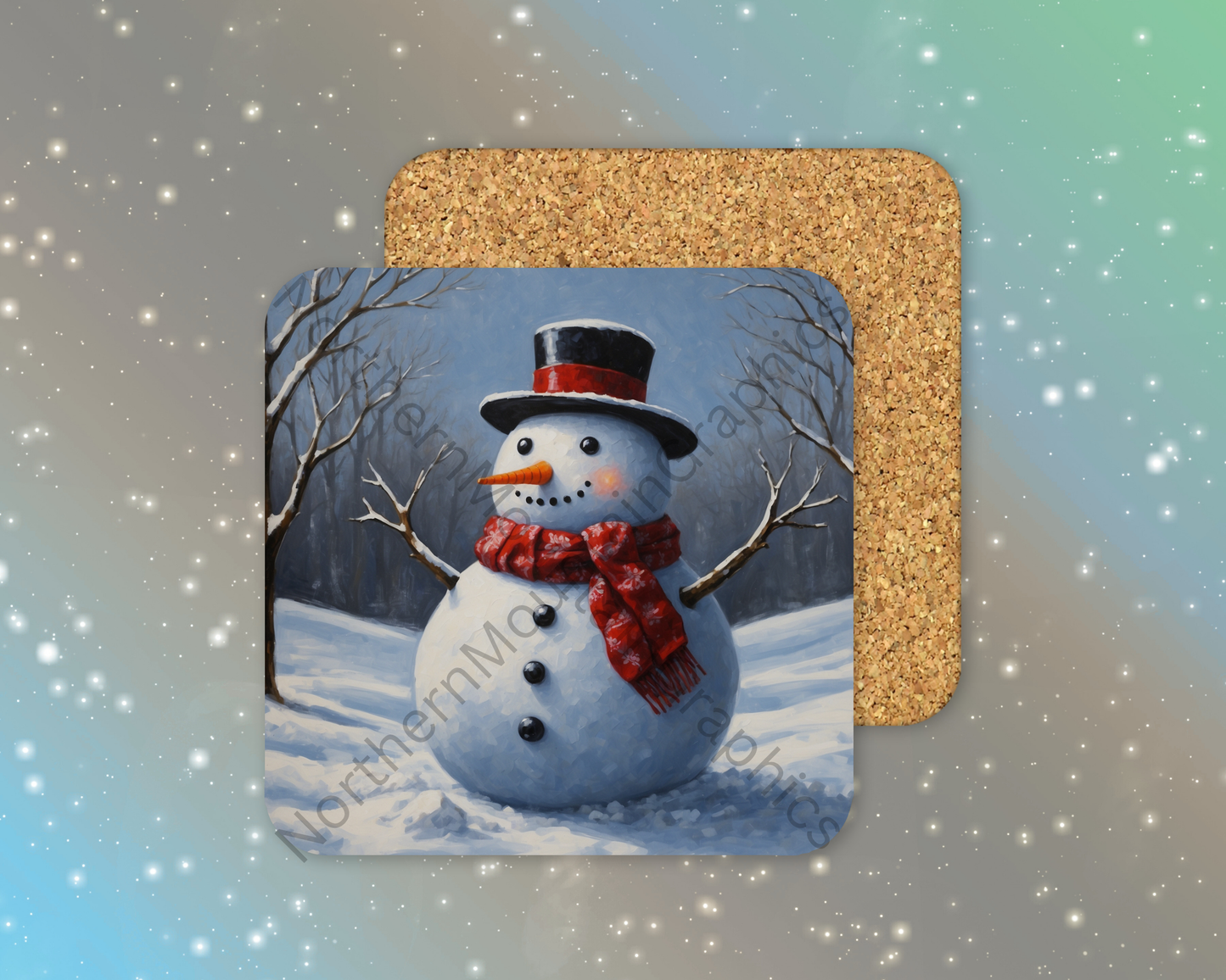 Snowman With Red Scarf & Top Hat Winter Square Coaster