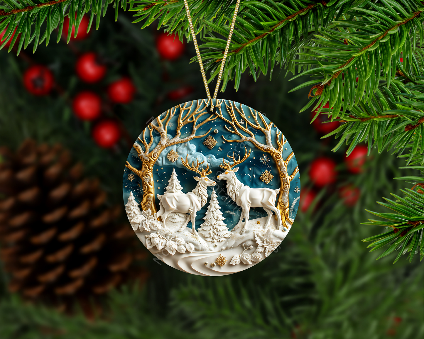 Reindeer with Gold Trees Christmas Ornament