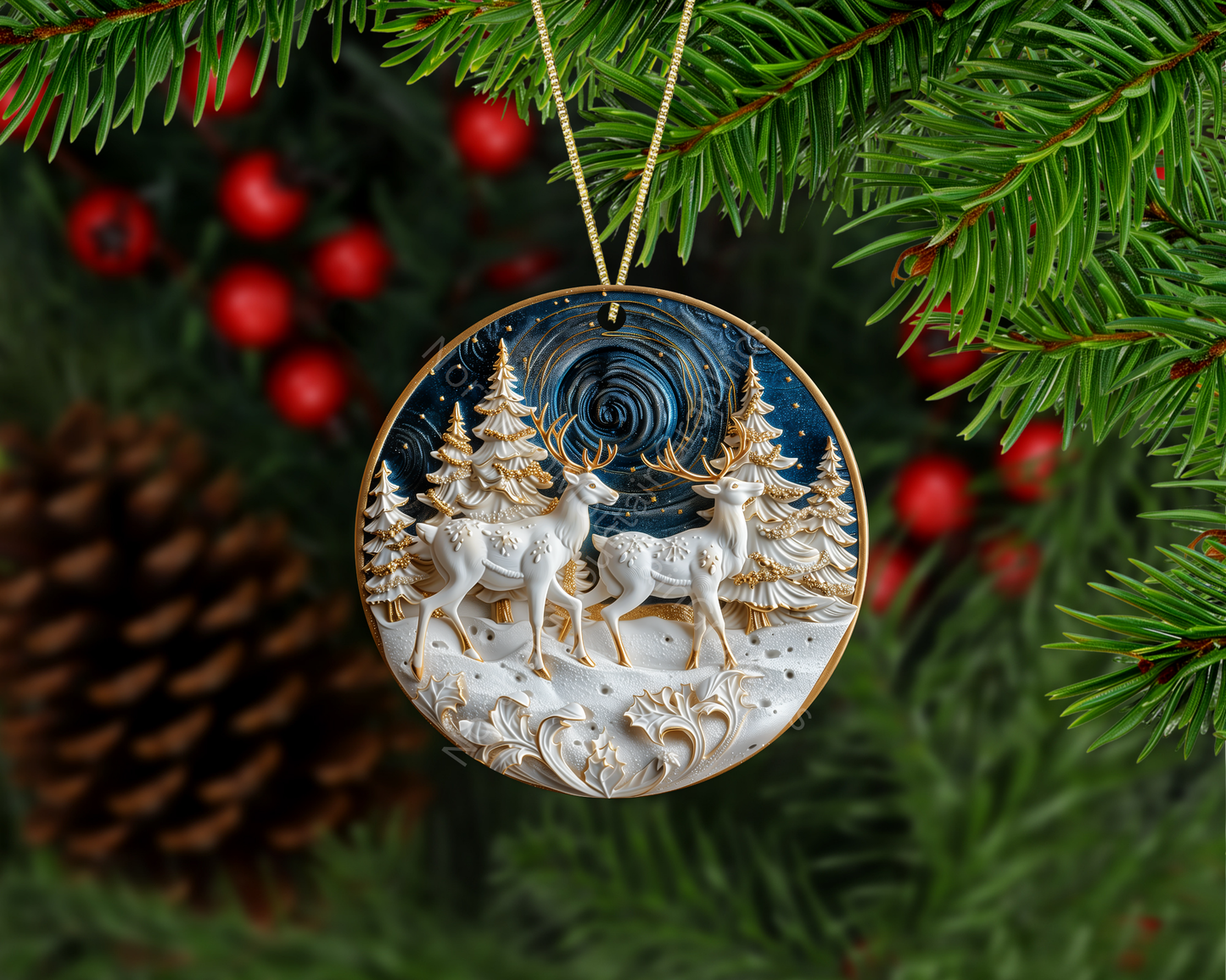 Reindeer with Snowy Scene Christmas Ornament