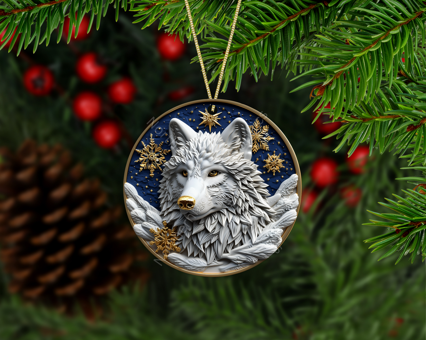 Wolf with Gold Nose Christmas Ornament