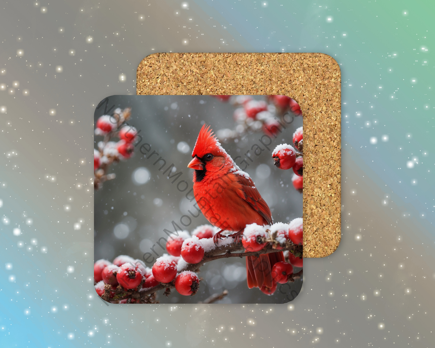 Cardinal on Snowy Branch Winter Square Coaster