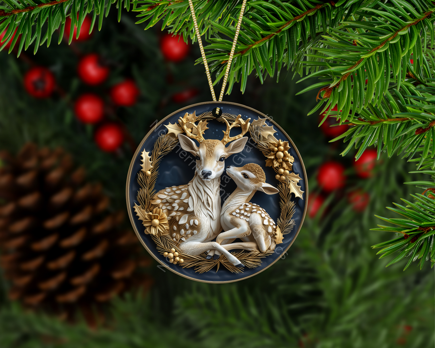 Golden Deer and Fawn Wreath Christmas Ornament