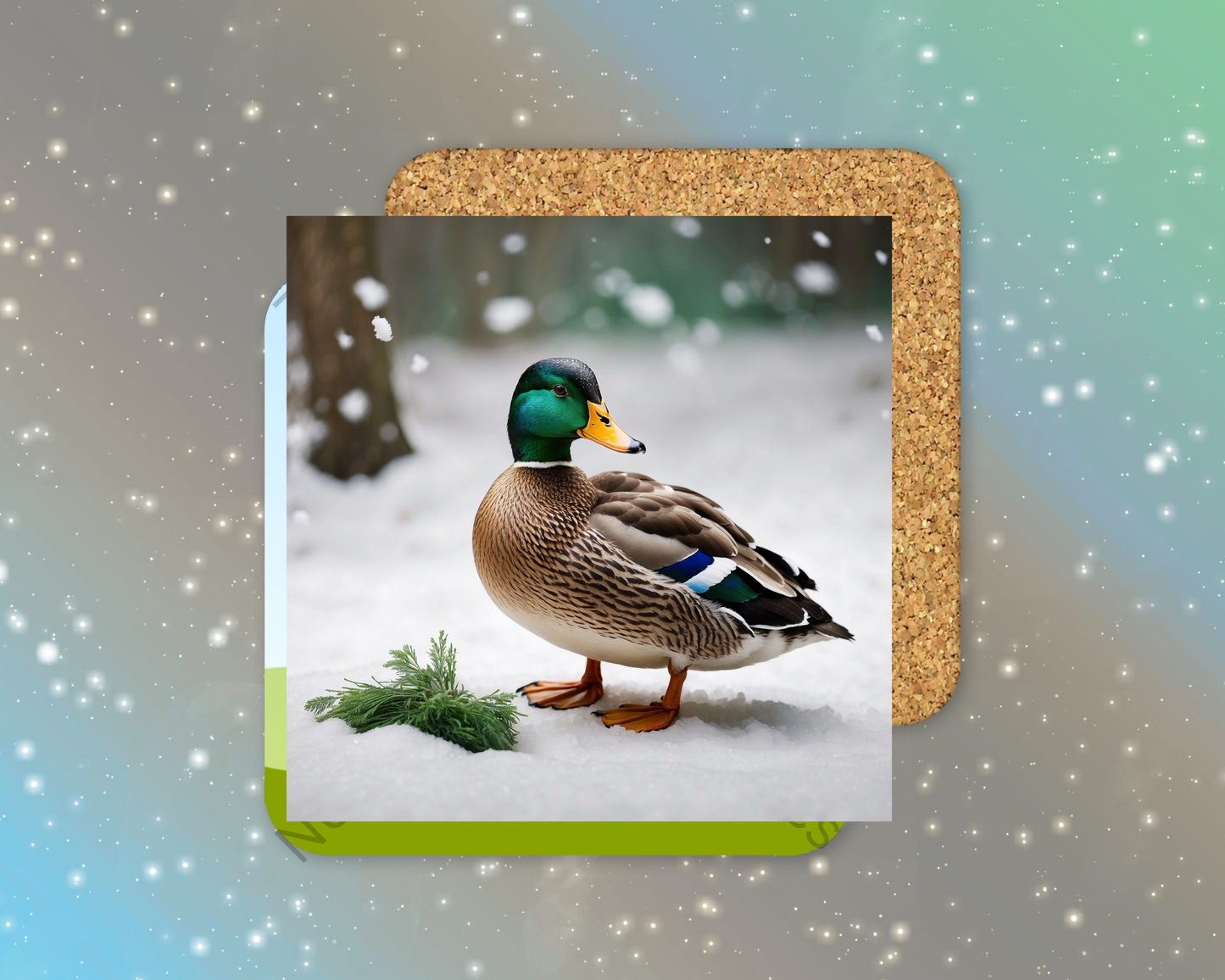 Mallard Duck in Snowfall Winter Square Coaster